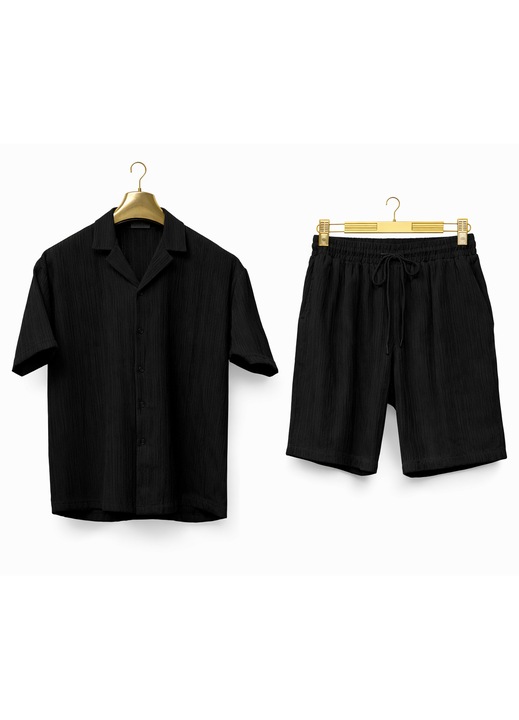 Compleu Barbati Vara Camasa si Pantaloni Scurti Casual Doua Piese Crem sau Negru - L, Negru