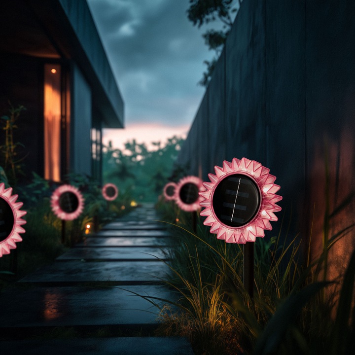 Lampa Solara de Gradina Floarea-Soarelui, LED Alb Cald, 35 cm, Roz