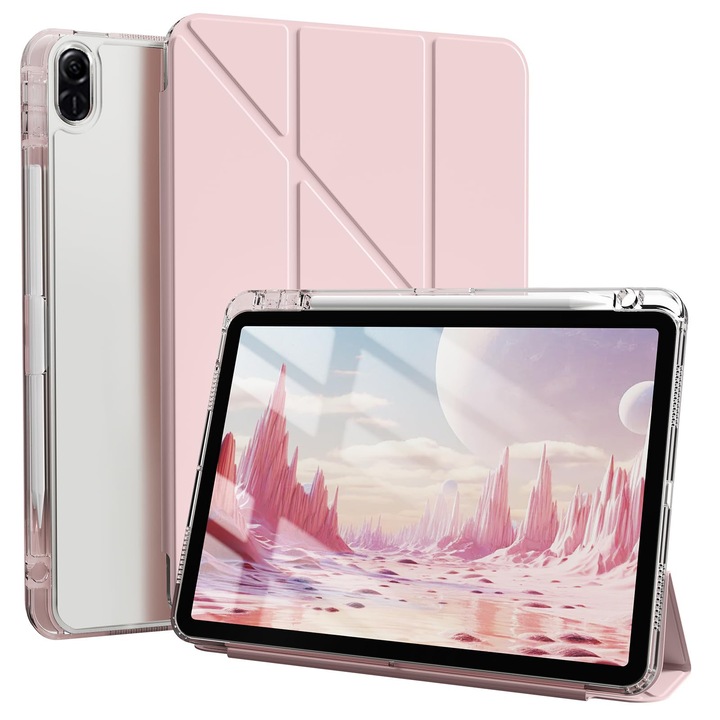 Husa tableta, pentru Honor Pad X8a 11 Inch, Triple Fold in forma de Y Design, Multi unghi, Capac de piele pentru tablete cu slot pentru stilou, Trezire automata / somn，Roz cald