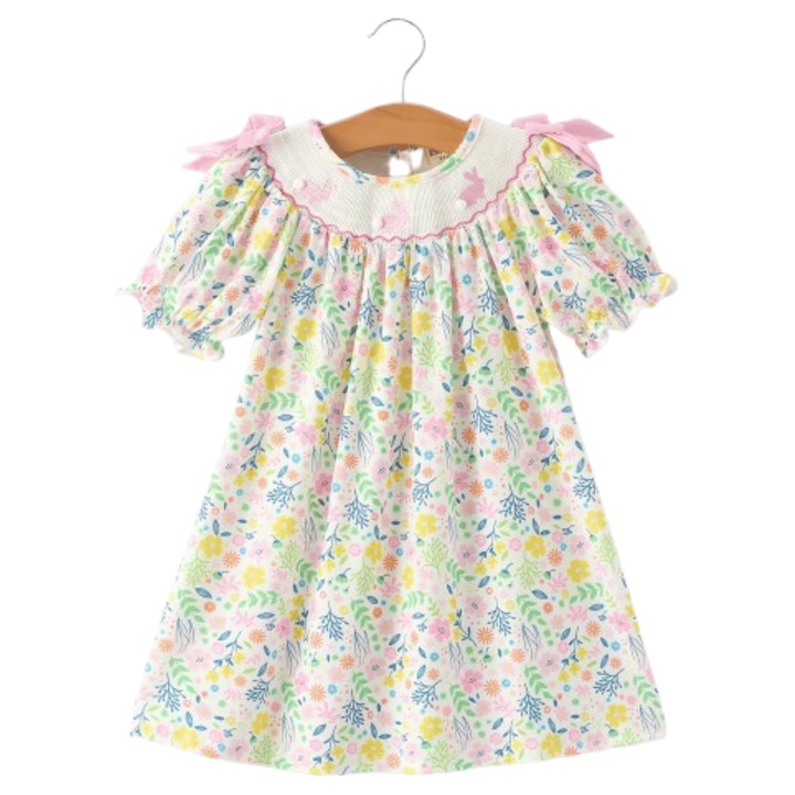 Rochie fetite cu broderie iepurasi si imprimeu floral, maneci scurte, multicolor