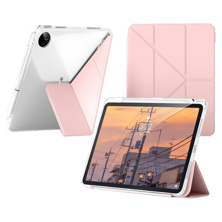 Husa tableta, pentru Redmi Pad SE 8.7 Inch, Triple Fold in forma de Y Design, Multi unghi, Capac de piele pentru tablete cu slot pentru stilou, Trezire automata / somn，Roz cald