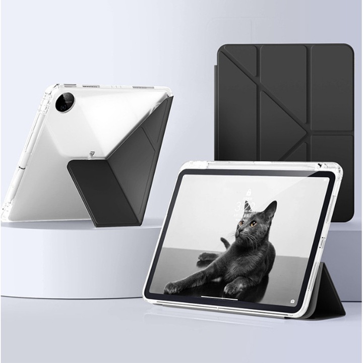 Husa tableta, pentru Redmi Pad SE 8.7 Inch, Triple Fold in forma de Y Design, Multi unghi, Capac de piele pentru tablete cu slot pentru stilou, Trezire automata / somn，Negru | Transparent