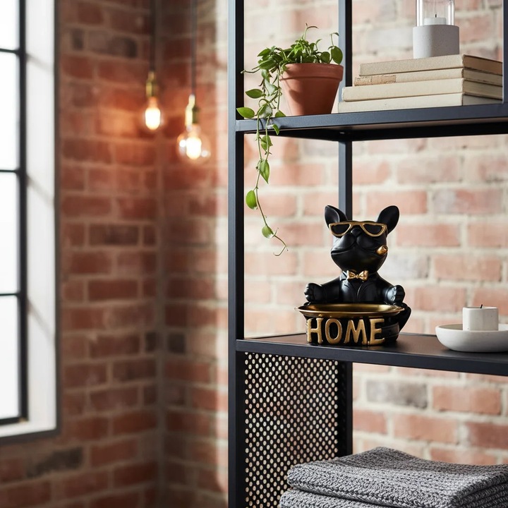 Figura decorativa Bulldog negru cu farfurie pentru obiecte mici 20/24cm