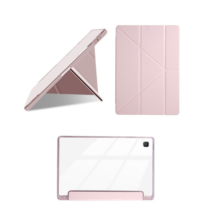 Husa tableta, pentru Samsung Galaxy Tab S6 Lite 2024, Triple Fold in forma de Y Design, Multi unghi, Capac de piele pentru tablete cu slot pentru stilou, Trezire automata / somn，Roz cald