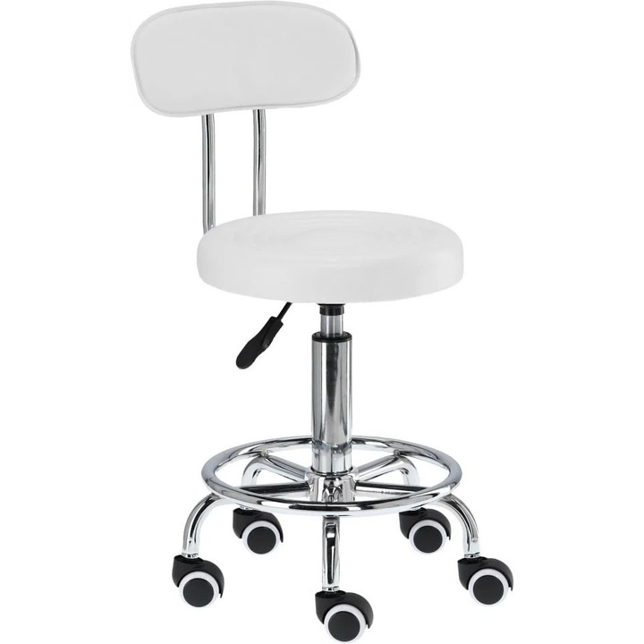 Scaun cosmeticiana, ZoePRO COOL, alb, cu spatar si sistem de 5 roti, reglabil 37x55cm