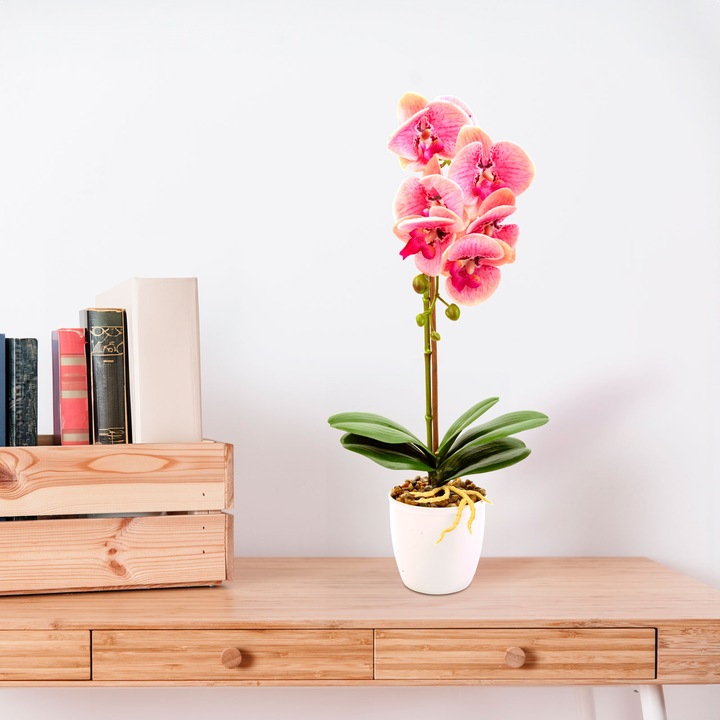 Planta artificiala orhidee roz 48 cm, decor elegant realist, pentru casa birou sau evenimente