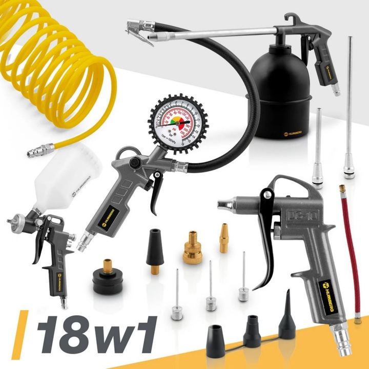 Trusa de scule pneumatice cu 18 piese pentru compresor, cablu flexibil de 40 cm, cablu spiralat de 5 m, pistol de vopsit 600 ml, pistol de intretinere 1 l, manometru
