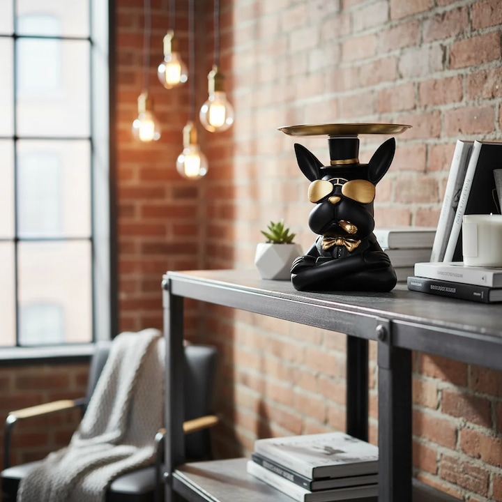 Figura decorativa Bulldog negru cu farfurie pentru obiecte mici 17/12cm