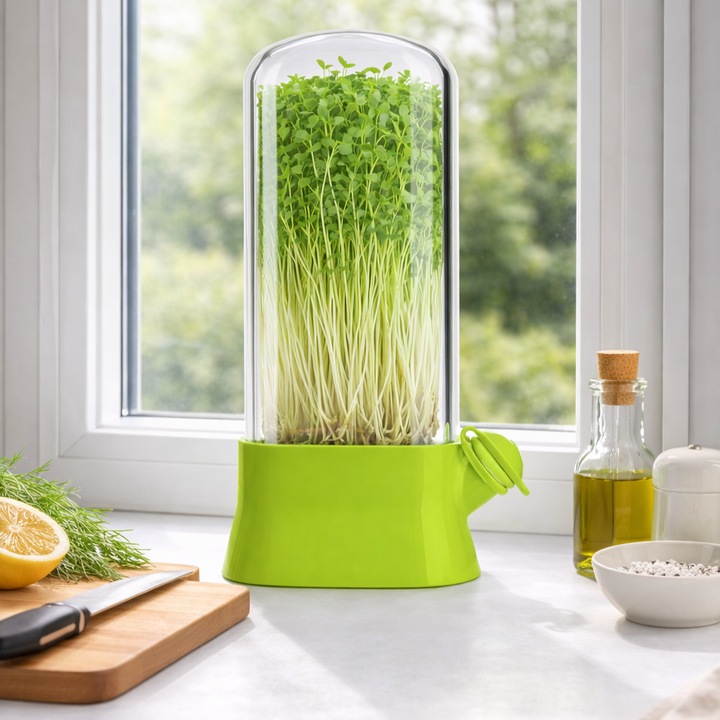 Germinator pentru Microplante cu Capac Transparent, Mini Sera pentru Cultivare Acasa, Suport de Crestere pentru Germeni, Ierburi Aromatice si Salate Fresh, Design Modern, Usor de Utilizat si Intretinut, 27x13 cm, Verde, PriStyle®