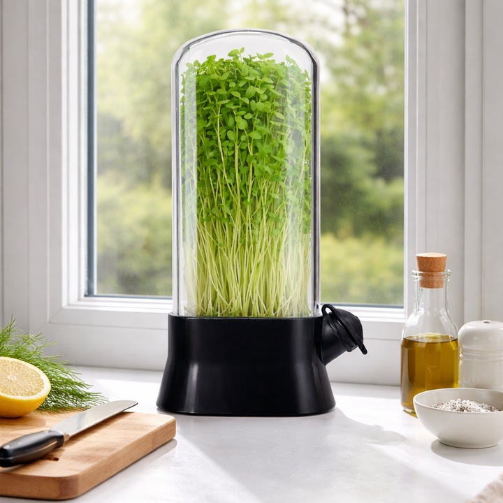 Germinator pentru Microplante cu Capac Transparent, Mini Sera pentru Cultivare Acasa, Suport de Crestere pentru Germeni, Ierburi Aromatice si Salate Fresh, Design Modern, Usor de Utilizat si Intretinut, 27x13 cm, Negru, PriStyle®