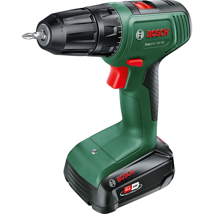 BOSCH Easydrill 18V fúró- és csavarozógép (fúrógép), gyorsbefogó tokmány, 1,5 Ah, zöld