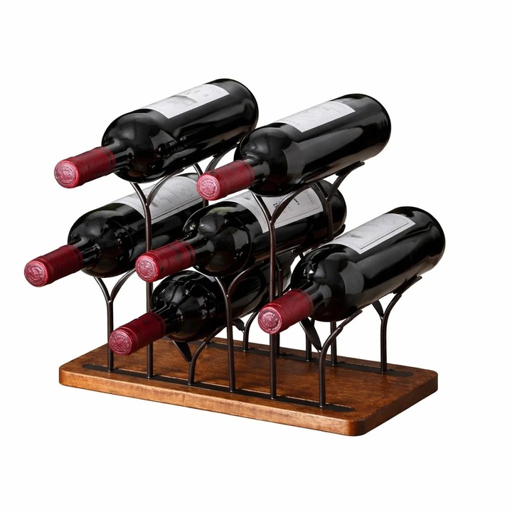 Suport pentru 6 sticle de vin, design modern, din lemn natural si otel, dimensiuni 26 x 16 x 34 cm, maro