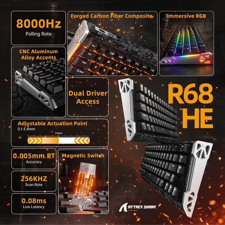 Механична клавиатура ATTACK SHARK R68HE с кабел, 8K бърз спусък, RGB, 0,005 мм RT прецизност, 0,08 ms латентност, 256K сканиране, магнитен превключвател с ефект на Хол, въглеродни влакна + CNC алуминиева сплав за PC (черна)