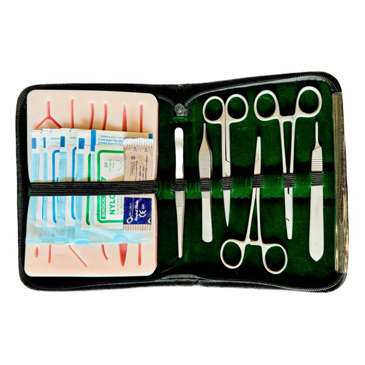 Teljes professzionális készlet sebészeti varratok gyakorlásához, 6 eszközzel, 5 varrófonallal, 4 szikepengével, 1 varró gyakorló párnával, Suture Expert, VELICO®, zöld
