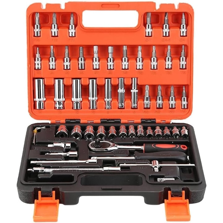 Set profesional de scule 1TECH HT-53, Chei tubulare 53 piese, Clichet, Chei tubulare adânci, În cutie, Negru