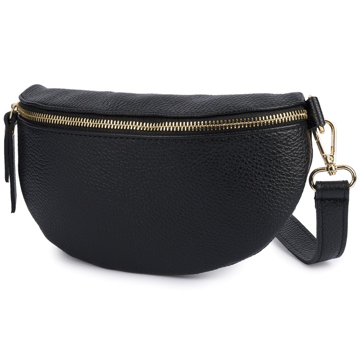 Női táska, Vera Pelle, fekete, természetes bőr övtáska, arany cipzárral, mérete 27x11x7cm, bőr szíjjal.