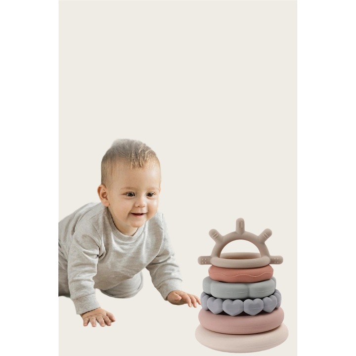 Играчки за никнене на зъби, рингове за подреждане, 6 различни форми, хранителен силикон, многоцветни