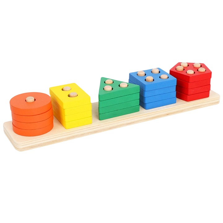 Puzzle din lemn pentru copii 1-3 ani, set jucarii educationale, multicolor, dimensiuni prietenoase cu copiii