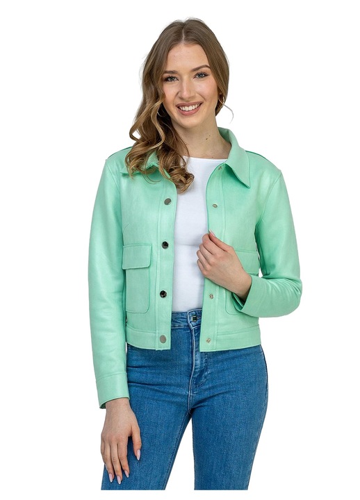 Jacheta scurta dama, Perso, eleganta, verde menta, poliester-elastan, cu guler