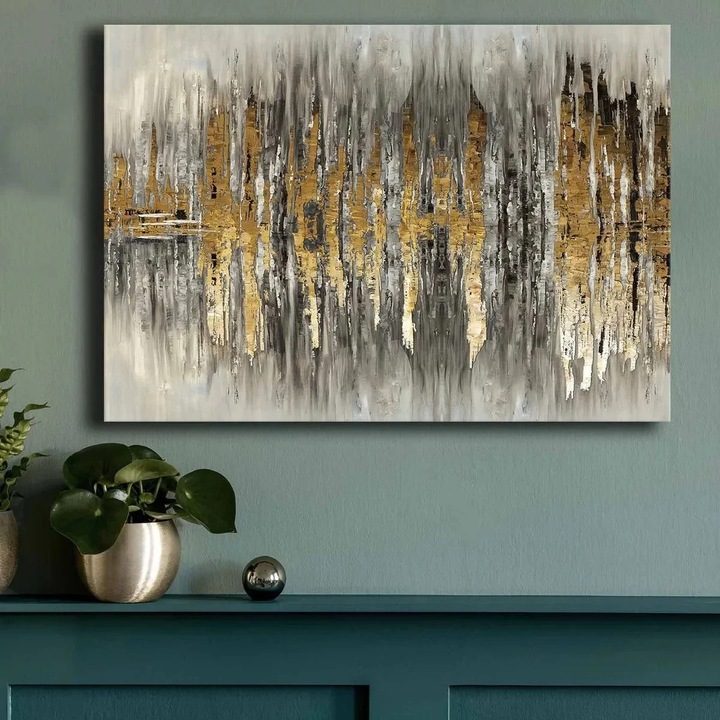 Tablou decorativ Re-Bloom, lemn masiv/panza, gri/auriu/negru, 70 x 100 cm