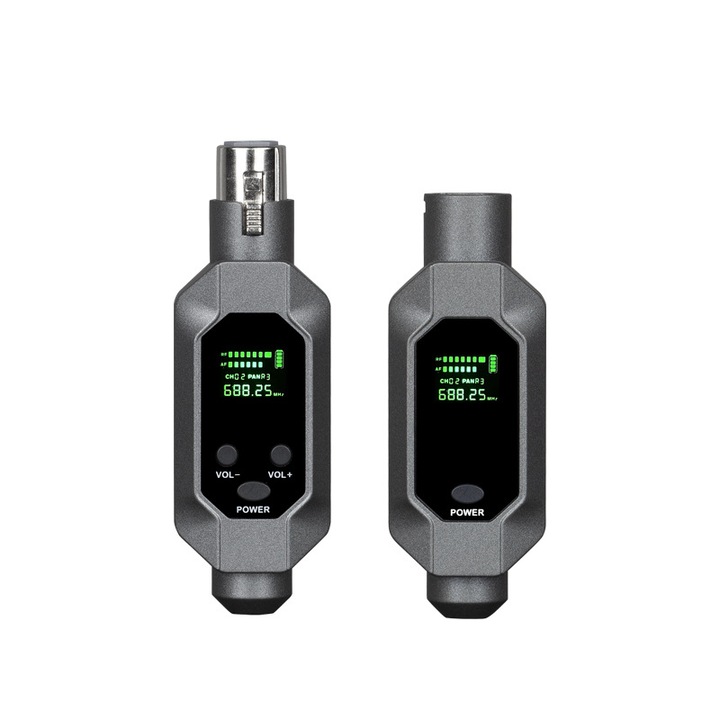 Sistem de microfon wireless, transmisie de la cablu la wireless, display LCD, design compact, pentru microfoane dinamice/instrumente