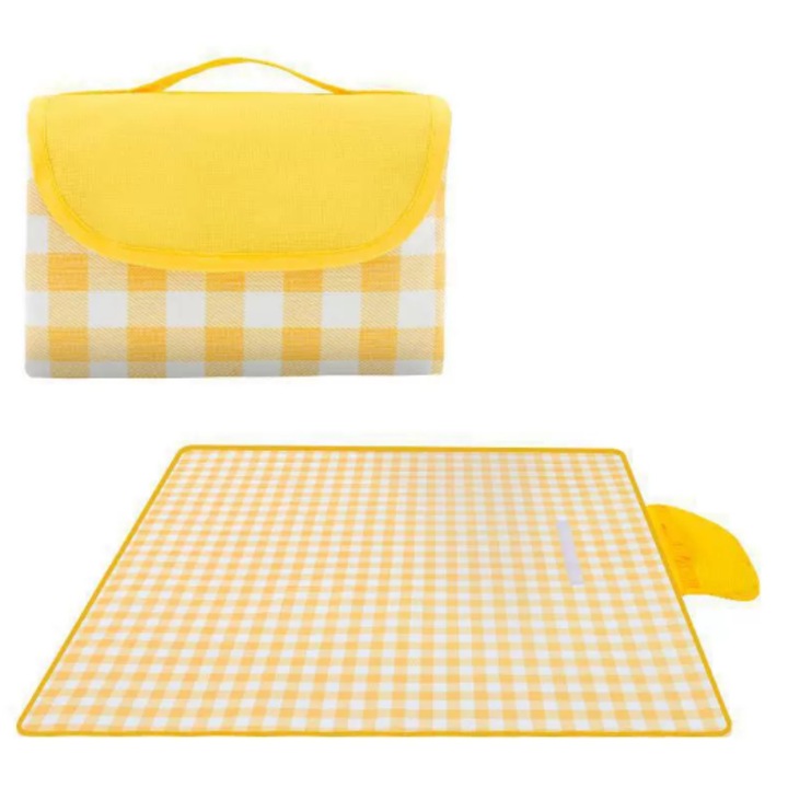 Saltea camping pliabila, 1.5x2m, impermeabila, galben-alb cu carouri, pentru 3-4 persoane