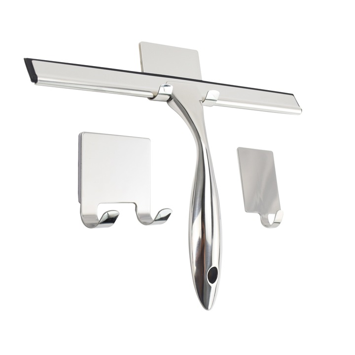 Set stergatoare geam din otel inoxidabil, cu carlige fara gaurire, pentru curatarea usilor de sticla din baie, ergonomic, usor de utilizat