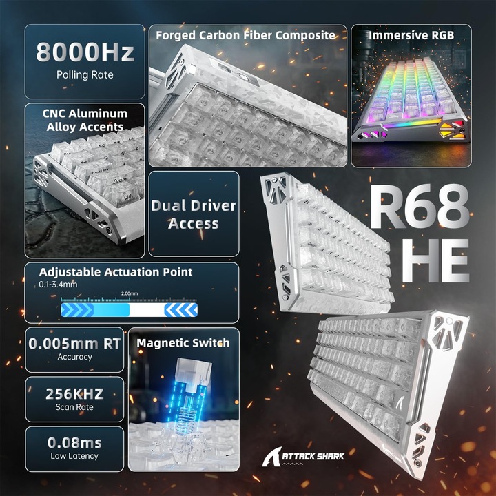 Механична клавиатура ATTACK SHARK R68HE с кабел, бърз спусък 8K, RGB, прецизност 0,005 мм, латентност 0,08 ms, сканиране 256K, магнитен превключвател с ефект на Хол, въглеродни влакна + CNC алуминиева сплав за PC FPS (Ice)