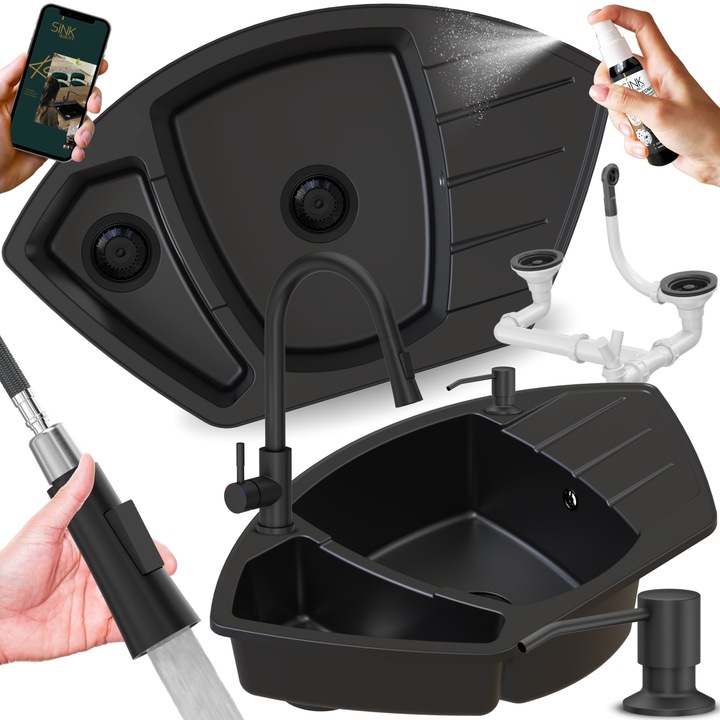 Set chiuveta coltara granit negru cu baterie si dozator, doua compartimente, 90x53x20cm