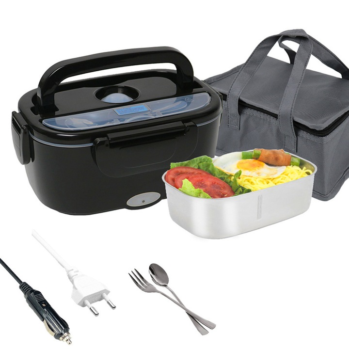 Elektromos ételhordó, 2 az 1-ben, rozsdamentes acél és műanyag, fekete, autóba és otthoni használatra