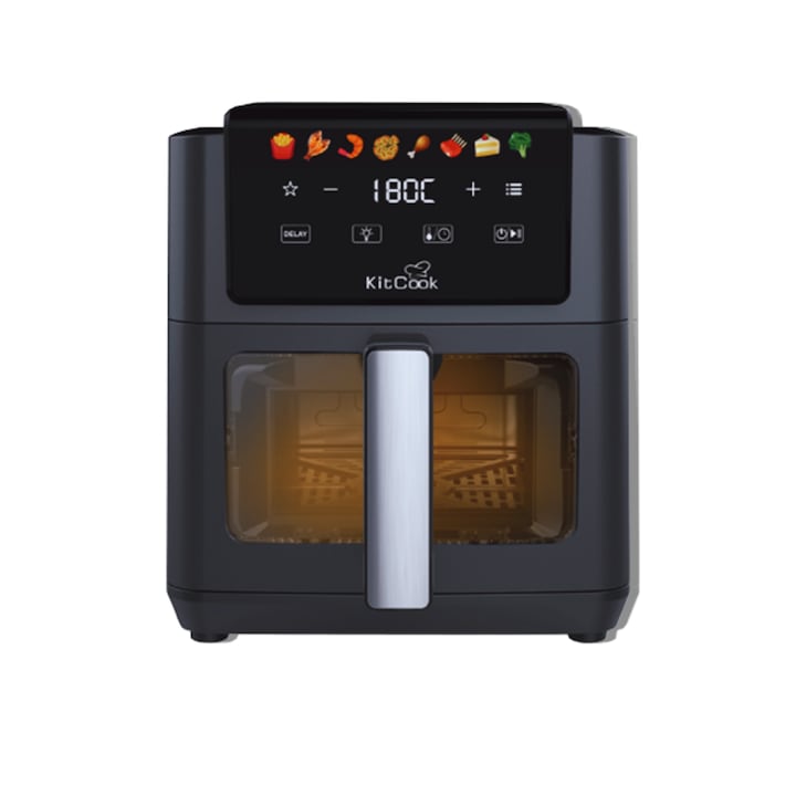 Friteuza cu aer cald AirFryer KitCook, 5L, 1500 W, Afisaj digital, 8 programe de gatire automate, Tehnologie Circulation, Functie stare de asteptare, Curatare usoara, Negru