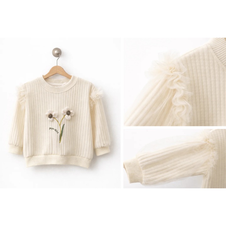 Bluza Fetite cu Flori 3D si Maneci cu Tiul, Crem