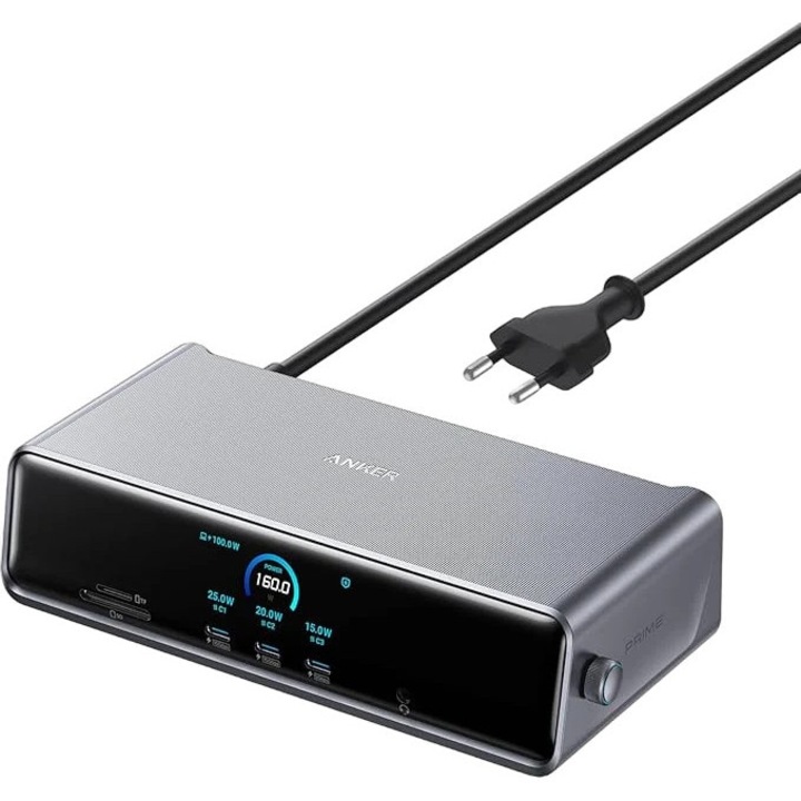 Docking Station Anker Prime 14-in-1, Triple Display, 8K DisplayLink, 140 W, Ethernet, USB-C, USB-A, HDMI, Card reader SD+microSD, compatibil cu Windows MacOS Gri