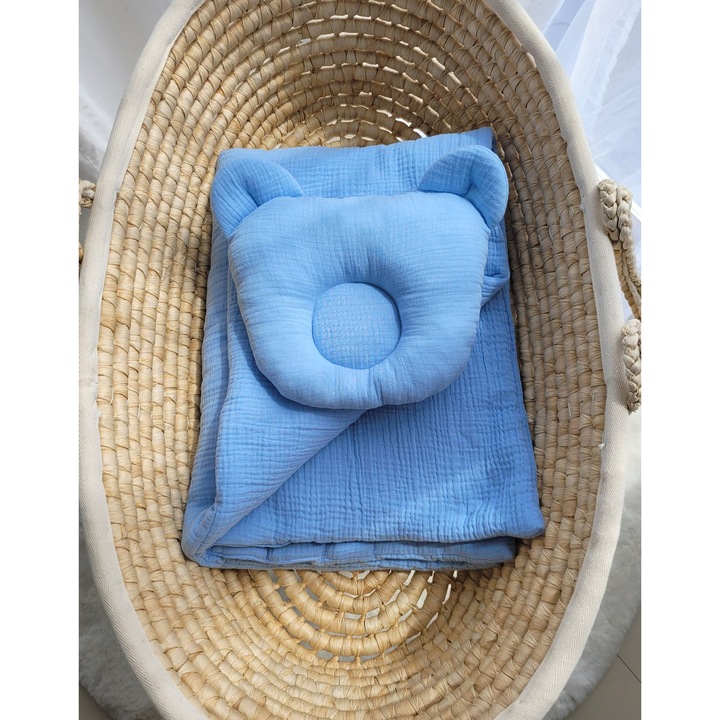 Set de lenjerie din muselin pentru bebelusi, My Sweet Baby, cu perna profilata si patura, albastru, 27x25cm, 67x100cm
