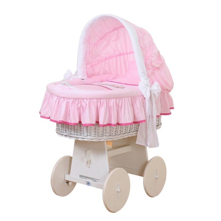 Cos de dormit cu copertina, My Sweet Baby, alb, lenjerie roz-alba cu broderie, dimensiuni 98x65x130cm, saltea 80x45cm