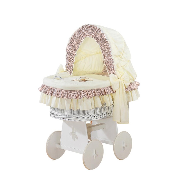 Cos de dormit cu copertina, My Sweet Baby, alb, cu lenjerie crem si maro, dimensiuni 98x65x130cm, saltea 80x45cm