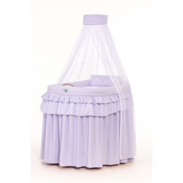 Patut bebe din rachita cu baldachin, My Sweet Baby, mov, 95x60x140cm, cu saltea si lenjerie
