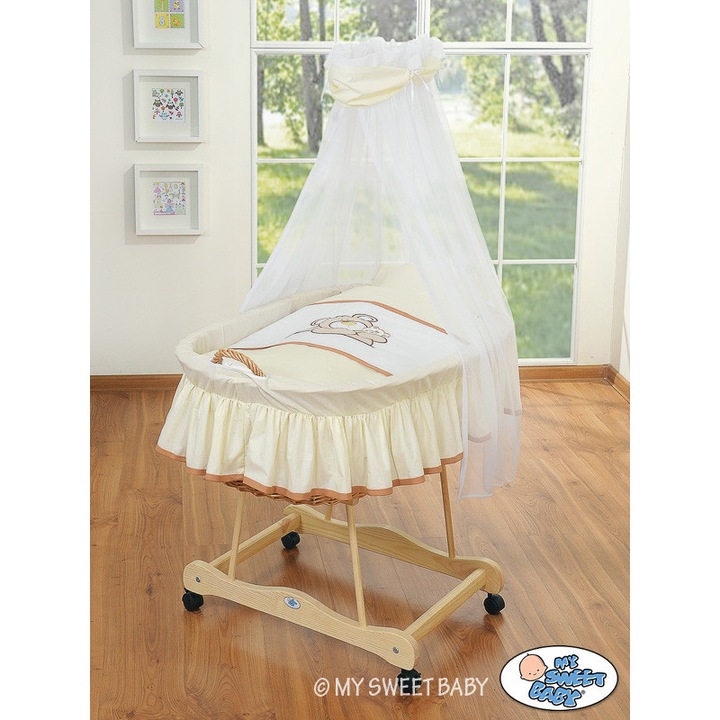Cos pentru bebelusi cu baldachin, My Sweet Baby, dimensiuni 95x65x140cm, culoare naturala, set complet