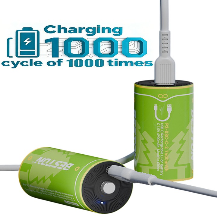 Комплект от 2 акумулаторни батерии тип C, 1.5 V литиеви 7400 mWh, AEWOYAD®, бързо зареждане чрез USB, живот над 1000 цикъла