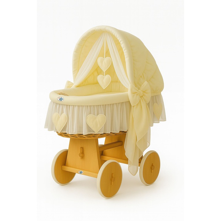 Rattan Mózeskosár mozgatható tetővel, My Sweet Baby, natúr, krémszínű ágyneművel, nagy méret