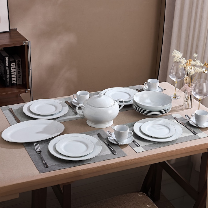 Serviciu de Masa 12 Persoane Royal Lace din Portelan Premium, 64 Piese, Detalii Baroc Subtile si Bordura Argintie