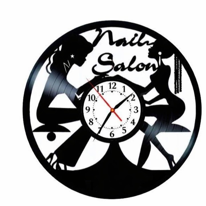 Falióra "Nails Salon" Dekoratív, Vintage stílusú bakelit (Pick-up lemez), Manikűr és szépség tematika, Fekete, 30 cm