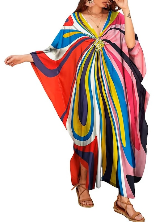 Rochie plajă Kaftan Bsubseach, multicolor, marime universala, manecă scurtă, decolteu în V