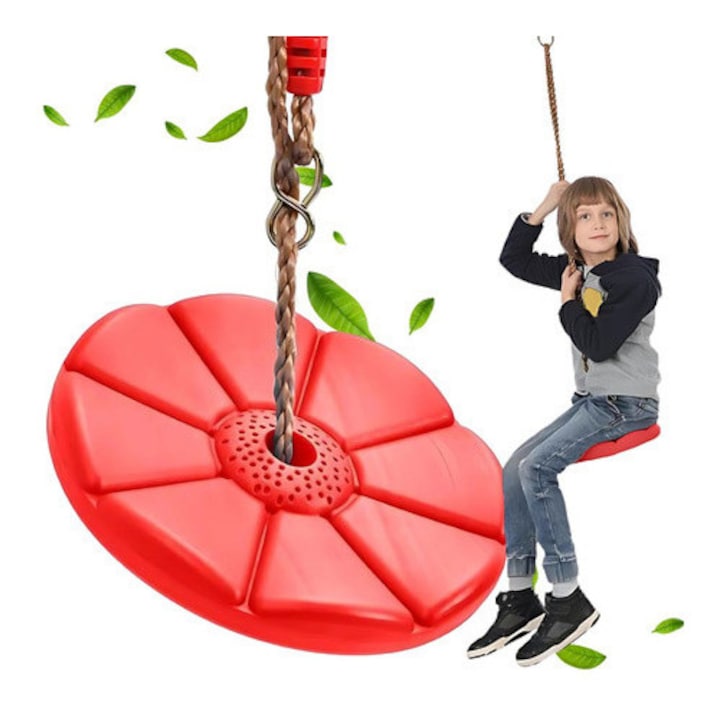 Leagan de gradina pentru copii tip floare cu franghie reglabila, scaun rotund confortabil din plastic rezistent, ideal pentru joaca in aer liber, suport pana la 75 kg