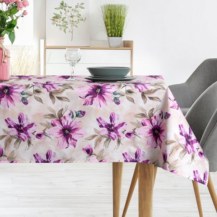 Obrus decorativ set GARDEN 140x220cm, crem, roz, bej, impermeabil, cu model floral