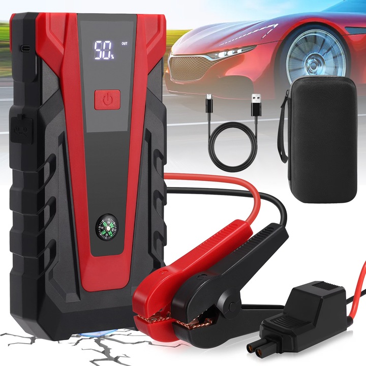 Стартер за кола, многофункционален, Bedee, 12V, преносим Jump Starter Booster, 6000mAh, LED фенерче, интелигентна защита, LCD екран, Power Bank, с чанта, за кола, мотоциклет, камион, червен/черен