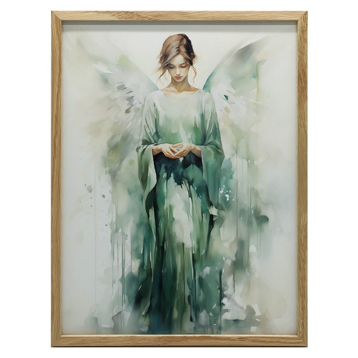 Tablou Aniol Mistyczny, 40x50 cm, rama aluminiowa aurie, verde smarald, mat 230 gsm