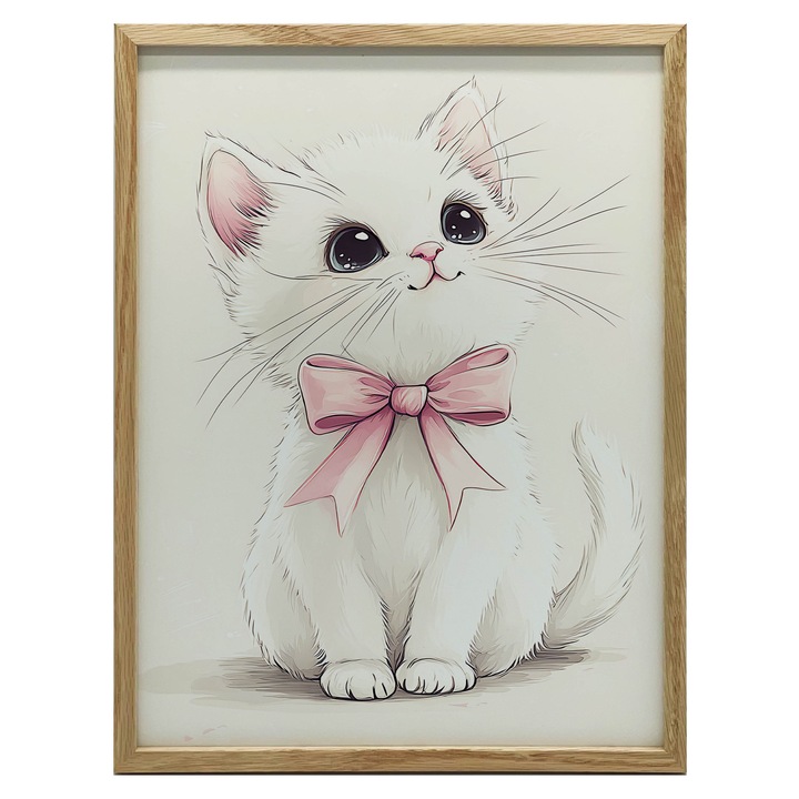 Plakat Kotek cu Funda Roz, 30x40 cm, Rama din Lemn, Tablou Decorativ