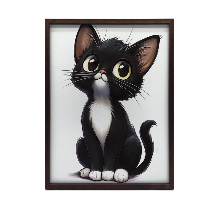 Tablou decorativ, multicolor, model cu pisoi alb-negru, 50x70 cm, rama neagra