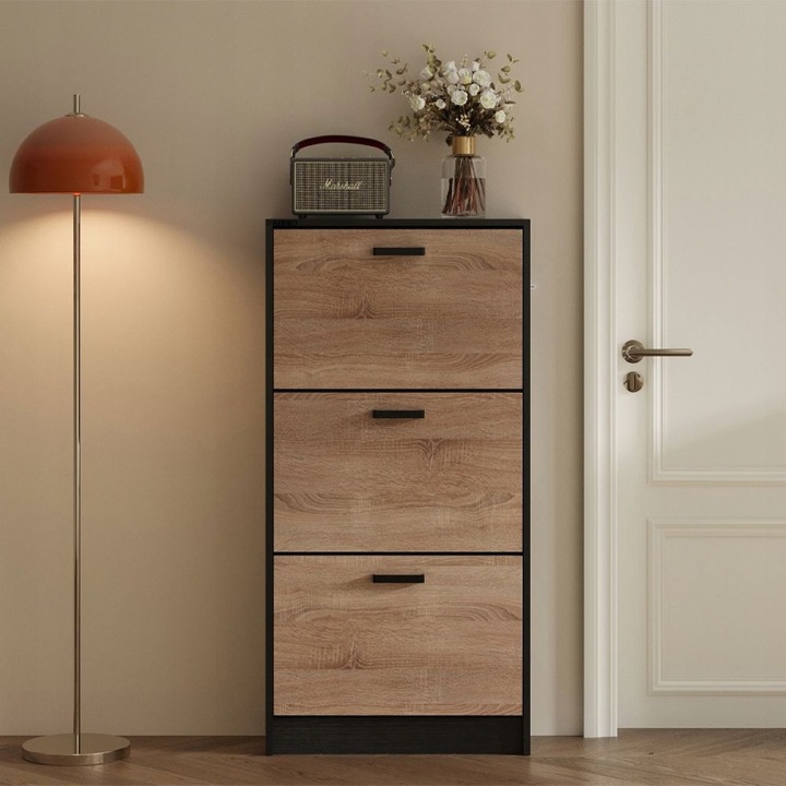 Világosbarna cipősszekrény az előszobába, modern, 3 polccal, felnyíló, álló Rebiko